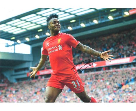 Football Raheem Sterling 16 x 12 inch signed colour photo pictured during his time playing for Liverpool F. C. Good Condition