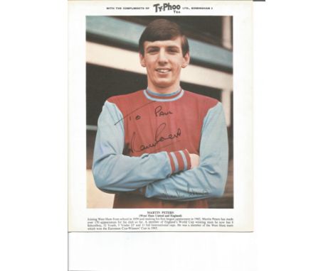 Football Martin Peters signed 10 x 8 inch Typhoo Tea colour promo photo dedicated. Martin Stanford Peters MBE born 8 November