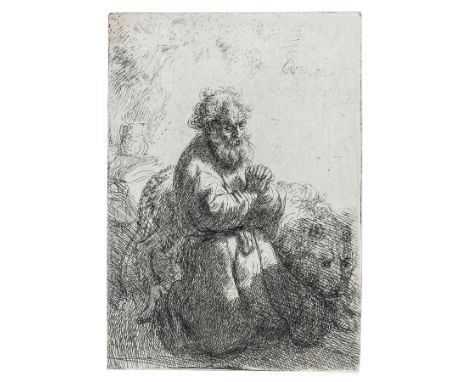 Rembrandt van Rijn (1606-1669) St. Jerome Kneeling in Prayer, Looking DownEtching, 1635, a good crisp impression of New Holls