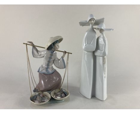 A Lladro porcelain figure of an Chinese fish seller, and Lladro porcelain figure group of two Spanish nuns, tallest 33cm high