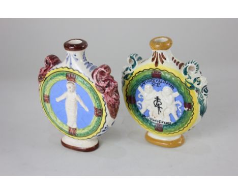 A pair of Italian majolica moon flasks, marked Certosini Firenze Liquore Valdema P.P, with della Robbia style decoration, 13.