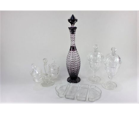 A tall amethyst and clear glass decanter, with metal mounted stopper, after a design by Steven and Williams, 52cm high, toget