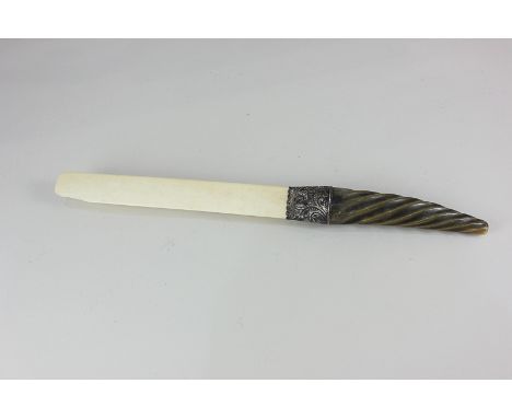 A Victorian silver mounted ivory page turner or letter opener, with horn handle, maker William Warr, Birmingham 1893, (a/f) 4