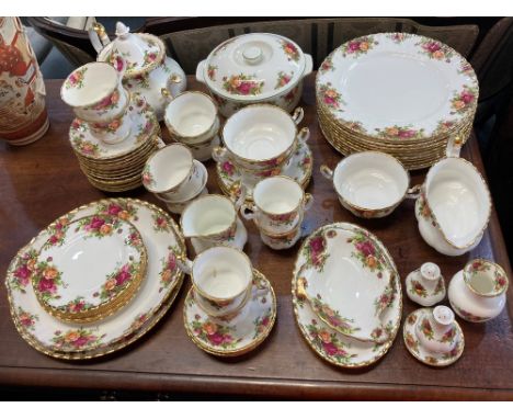 A Royal Albert porcelain Old Country Roses part dinner and tea set, comprising eleven dinner plates, three soup bowls and sau