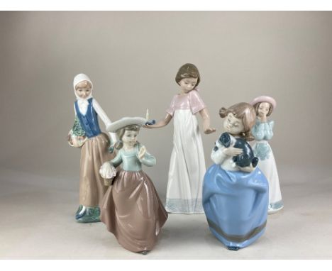 Five Nao porcelain figures of girls, 'To Light the Way', 'It's Time to Pray', 'Out for a Stroll', a young girl with a puppy a