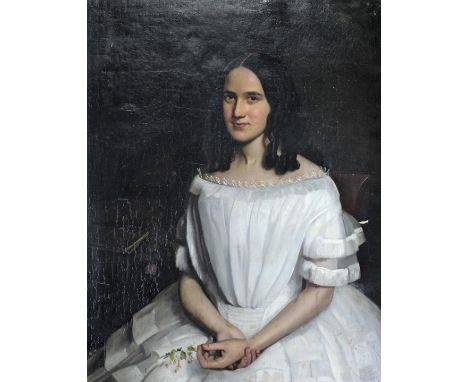 IRISH SCHOOL, Circa 1840-1850 PORTRAIT OF A YOUNG LADY Seated half length, wearing a white dress and holding a floral sprig, 