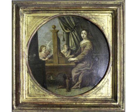 FOLLOWER OF MICHIEL COXCIE (1499-1592) ST CECILIA AT THE ORGAN, WITH ANGELS Oil on copper, mounted circular 18.5cm diameter +