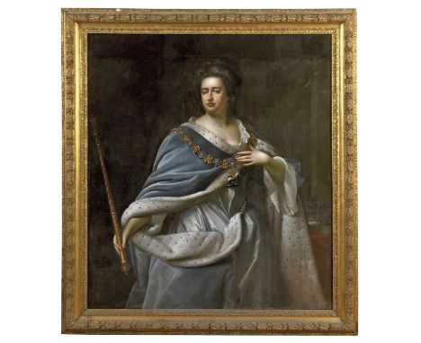 ATTRIBUTED TO EDMUND LILLY (d.1716) PORTRAIT OF QUEEN ANNE Standing, three quarter length, wearing a pale blue dress and a bl