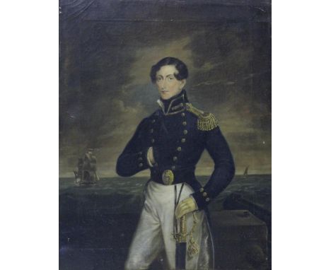 ENGLISH SCHOOL, mid-19th CENTURY PORTRAIT OF A NAVAL OFFICER Standing long half length on a coastline, wearing uniform and ho
