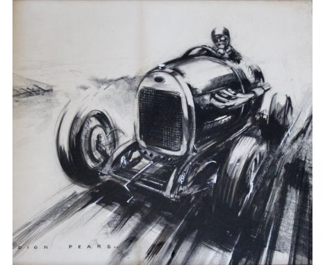 •DION PEARS (1929-1985) MOTOR RACING Signed, ink and wash with charcoal and pencil 49.5 x 56.5cm. Provenance: A preparatory s