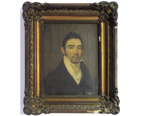 FRENCH SCHOOL, EARLY 19th CENTURY PORTRAIT OF A GENTLEMAN Bust length, wearing a dark coat and white waistcoat, indistinct in