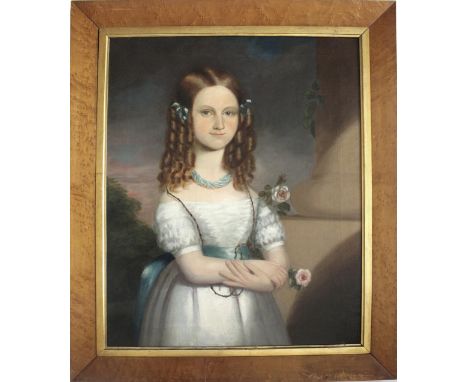 ENGLISH PROVINCIAL SCHOOL, mid-19th CENTURY PORTRAIT OF A GIRL Standing, half length, by a pillar, wearing a white dress with