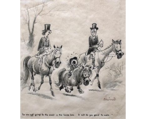 •NORMAN THELWELL (1923-2004) YOU ARE NOT GOING TO THE MEET IN THE HORSE BOX.. Signed, pen and black ink, black crayon and pen