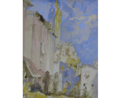 SIR FRANK WILLIAM BRANGWYN, RA, RWS (1867-1956) FIGURES BY TOWN BUILDINGS, A TOWER BEYOND (SKETCH) Signed with initials, wate