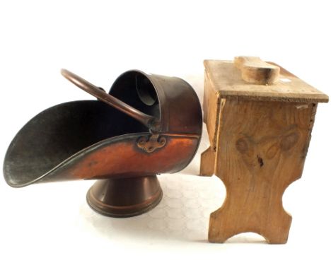 A 19th Century Copper coal helmet and a Pine shoe shine stool