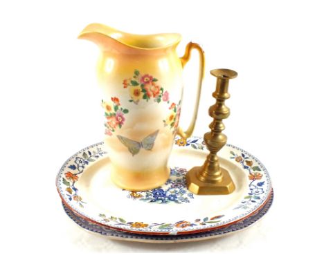 Two Victorian meat plates, Brass candlestick plus a floral and butterfly toilet jug