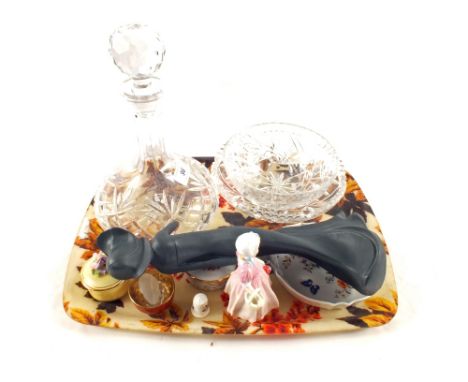 Royal Doulton figurines, Tinkle Bell HN1677, Carefree HN3029 plus a cut glass decanter and other china and glass