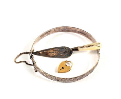 A 9ct Gold heart clasp, Silver bangle and page marker