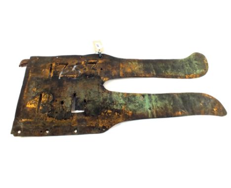 An 18th Century Copper weather vane with traces of Gold, dated 1753, initials B.L., length 27"
