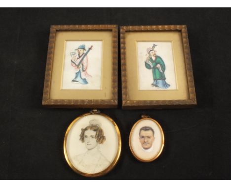 Two portrait miniatures and two rice paper paintings