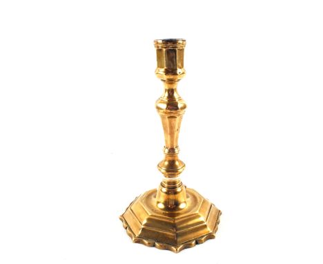 An 18th Century French Brass candlestick with octagonal column and base, 8 3/4" high