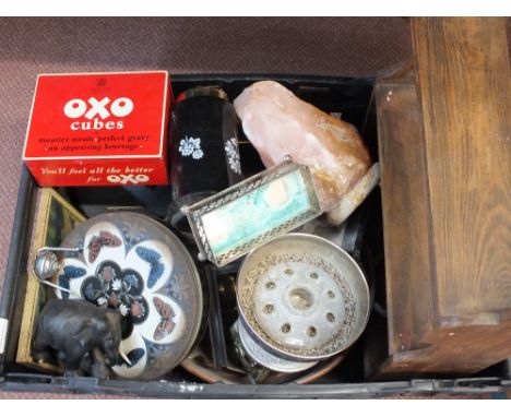 A Pine wall shelf, battery radio plus china and glass etc (two boxes)