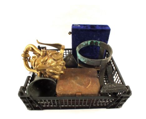 A Middle Eastern Copper water carrier, Brass lion head knocker and other metal ware