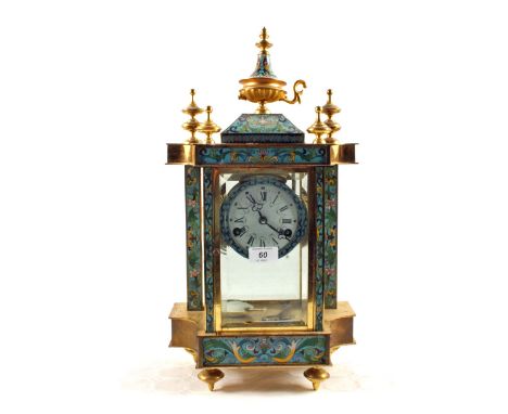 A Chinese gilt metal, Cloisonné and porcelain panel mantel clock (damaged finial)