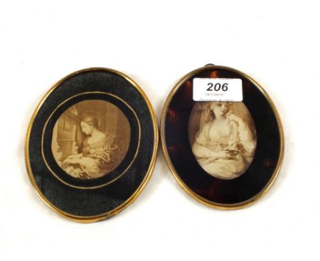 Two Victorian miniature prints of ladies in Brass rim frames