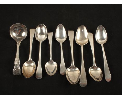 Four pairs of Silver teaspoons, various makers and a sauce ladle