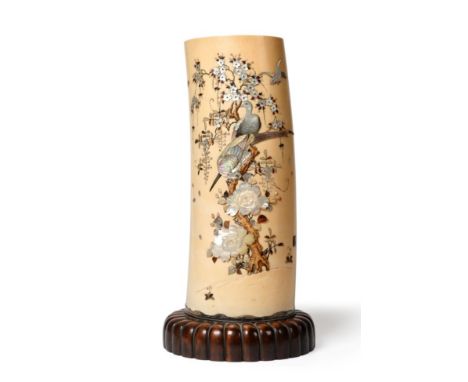 A Japanese Shibayama Tusk Vase, by Masamitsu, Meiji period, typically decorated with birds perched amongst branches, on a lob