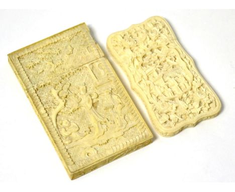 A Chinese Carved Ivory Card Case, Canton, circa 1880, shaped rectangular, carved allover with figures and flowers, 8.5cm long