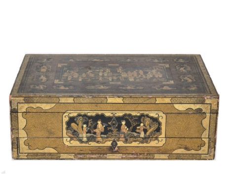 A Chinese Export Lacquer Work Box, 19th century, of rectangular form decorated with panels of figures within formal borders, 