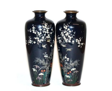 A Pair of Japanese Cloisonné Enamel Baluster Vases, Meiji period, worked in silver wire and colours with birds amongst blosso
