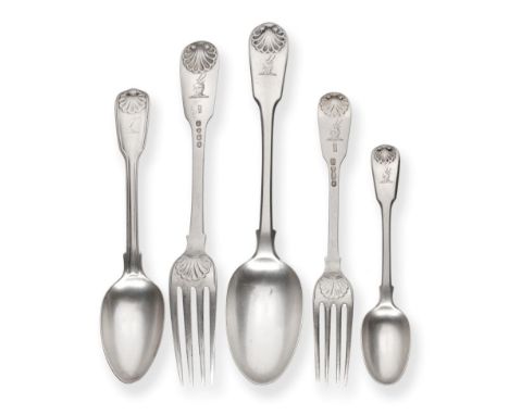 A George IV Part Service of Silver Table Flatware, William Chawner II, London 1825, fiddle and shell pattern, mostly crested,