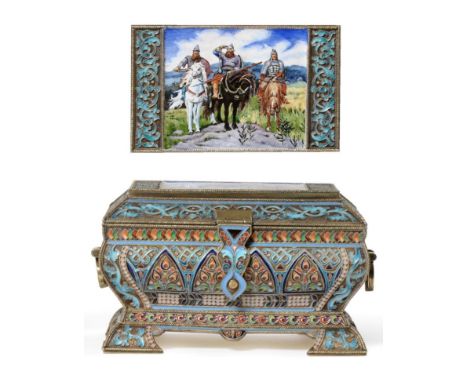 A Continental Silver and Cloisonne Enamel Casket, bears pseudo Russian marks, profusely decorated with polychrome enamel with
