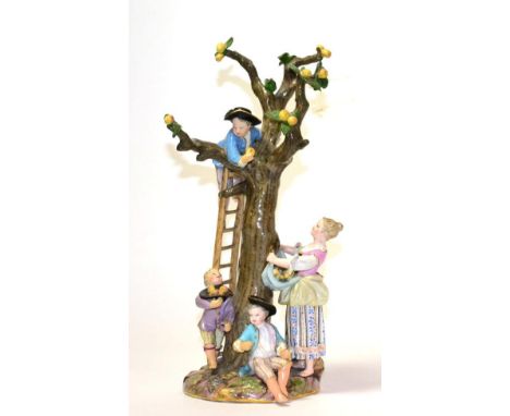 A Meissen Porcelain Figure Group of The Apple Pickers, late 19th century, modelled as a boy climbing a ladder picking apples 