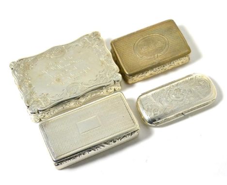 Three Silver Snuff Boxes Comprising: Edward Smith, Birmingham 1848, rectangular with a shaped profile, the cover and base eng