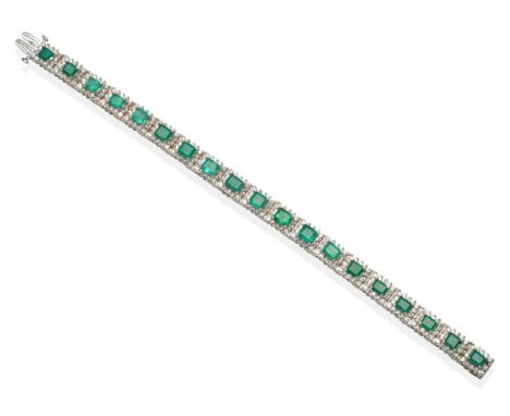 An Emerald and Diamond Bracelet, emerald-cut emeralds within round brilliant cut diamond borders, in white claw settings, tot