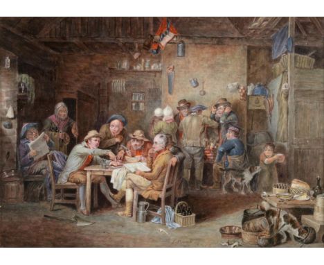 An English Porcelain Plaque, painted by John Powell, circa 1810, with the Village  Politicians after Sir David Wilkie, signed