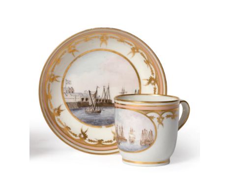 A New Hall Porcelain Coffee Cup and Saucer, circa 1795, painted with views of Chatham Docks, within a salmon pink and gilt bo