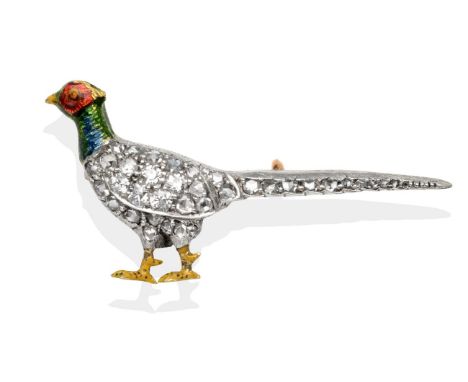 A Victorian Diamond and Enamel Pheasant Brooch, realistically modelled in a standing pose and pavé set with rose cut and old 