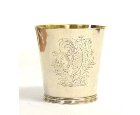 A George III Silver Beaker, Henry Chawner, London 1790, plain tapering circular with ribbed bands, the interior gilt, engrave