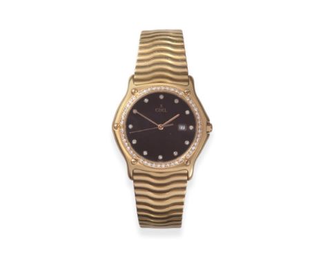 An 18ct Gold Diamond Set Calendar Centre Seconds Wristwatch, signed Ebel, ref: 883903, circa 1995, quartz movement, black dia