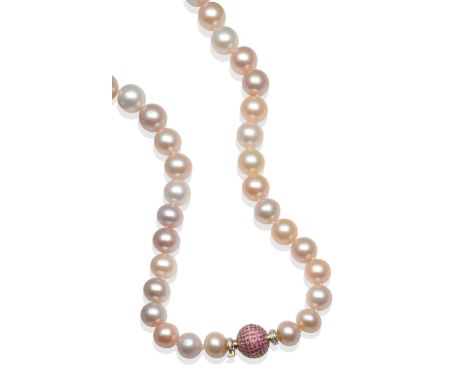 A Multi-Coloured South Sea Cultured Pearl Necklace, with a Ruby and Diamond Set Clasp, the uniform pearls of pink, peach and 