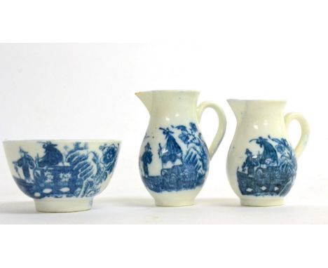 A Pair of Caughley Porcelain Miniature Sparrowbeak Jugs, circa 1785, printed in underglaze blue with the fisherman pattern, 5