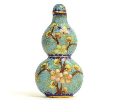 A Chinese Cloisonné Enamel Snuff Bottle and Stopper, Qing Dynasty, of double gourd shape decorated with flowering prunus on a