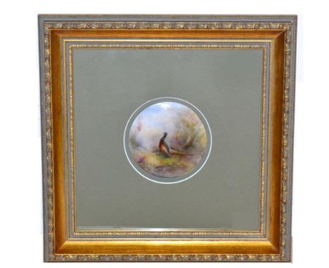 A Royal Worcester Porcelain Plaque, 1926, painted by James Stinton with a pheasant in landscape, signed, printed mark, 10.5cm
