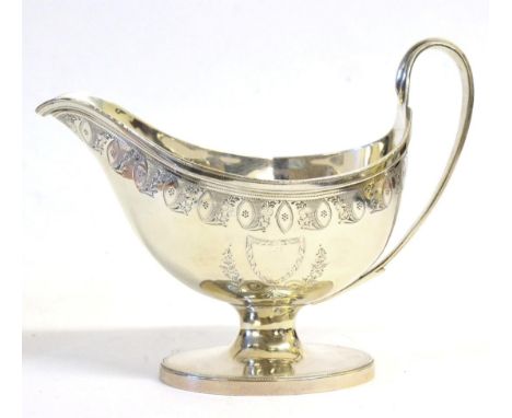 A George III Silver Pedestal Sauceboat, Henry Chawner, London 1793, oval with a bright cut border and cartouche, with a plain