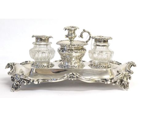 A Victorian Silver Inkstand, Charles Reily & George Storer, London 1837, rectangular with a shaped cast and applied scroll ri